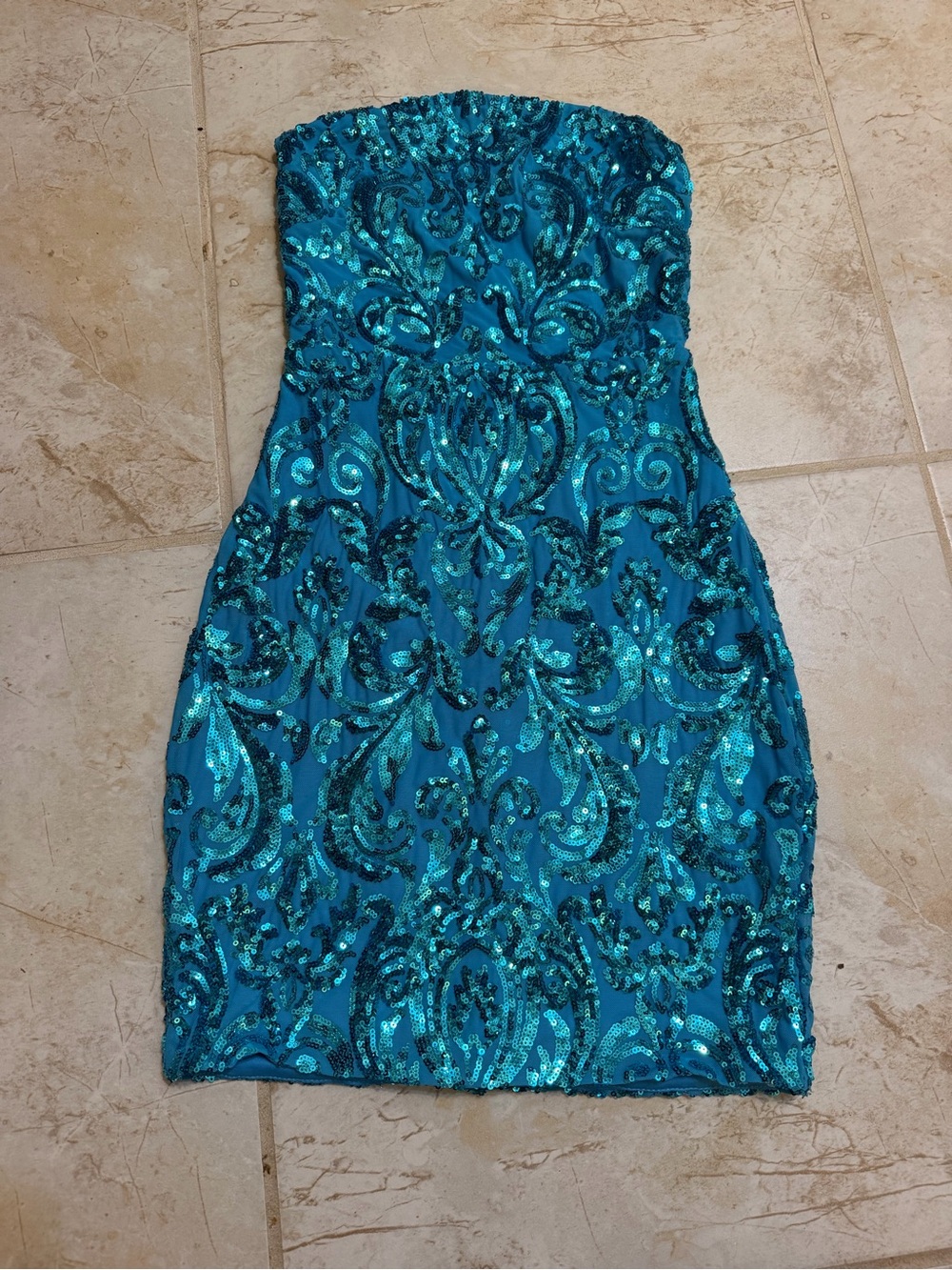 Windsor Teal Sequined Strapless Mini Dress